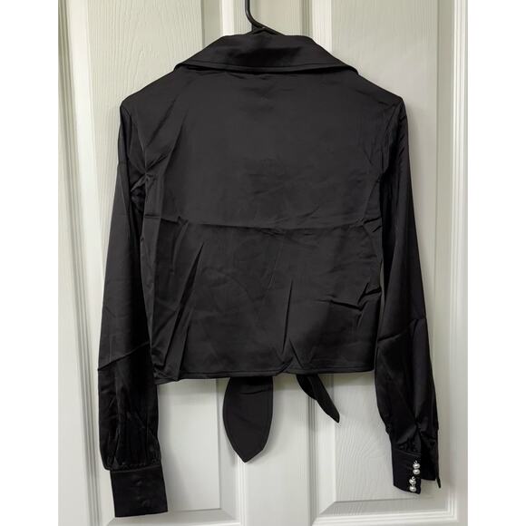 Top Chic black tie waist satin look pearl buttons long sleeve NWT small $68 - Picture 2 of 8